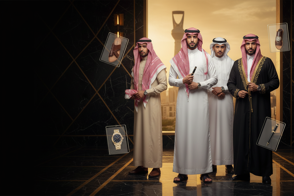 Premium Multi-Model Shopify Banner Prompt

Create a premium luxury Shopify homepage hero banner (1920×800 pixels) for a Saudi Arabia (KSA) online store specializing in Arabic Leather Shoes, Luxury Watches, Premium Executive Pens, and Traditional Red & White Shemagh with Black Agal.

Design a high-end luxury fashion advertisement featuring four handsome Saudi Arab male models together in a single banner. Position all the models on the right side, leaving 45% clean empty space on the left for Shopify heading,
